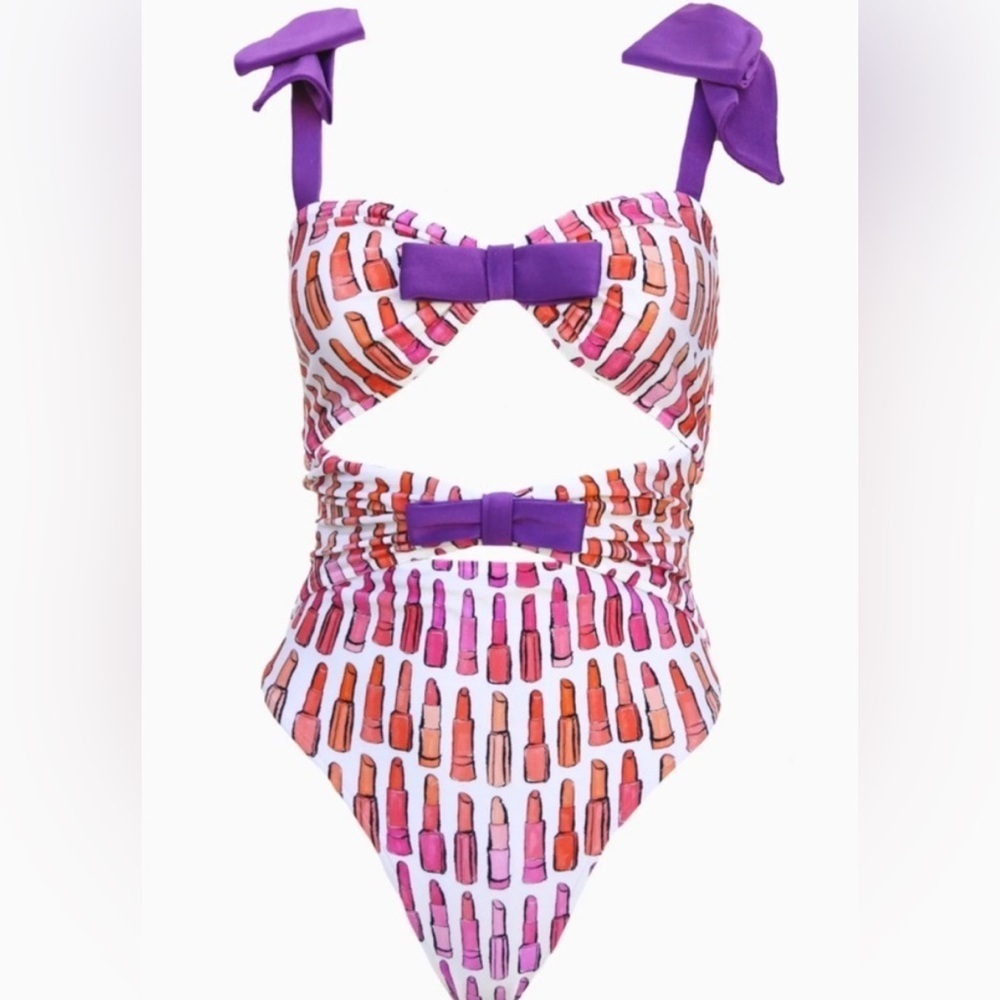 NWT Adriana Degreas Lipstick Cut-Out One Piece Swimsuit With Bows Small - Picture 4 of 12